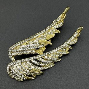 Yellow Gold with White Diamond Crystal Guardian Angel Wing Pin Back Brooch